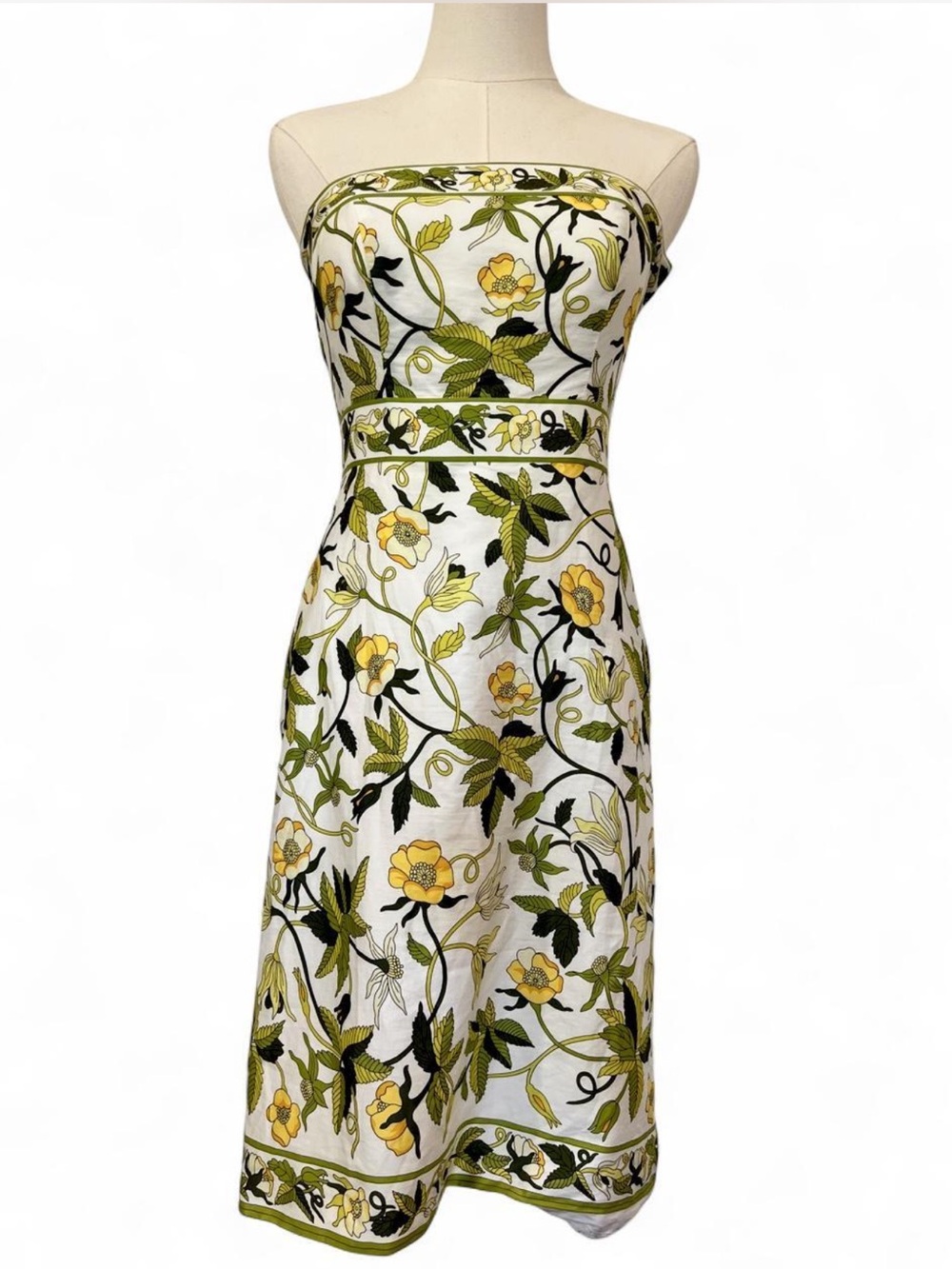 Ann Taylor Petite Strapless Cotton Midi Dress Retro 70s Botanical Border 2P
